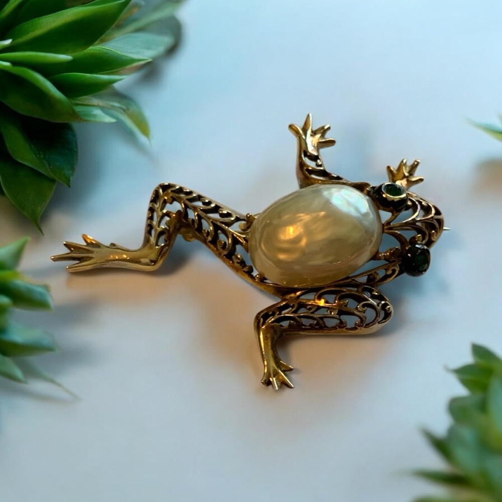 Vintage Gold Frog Brooch with Pearl Accent and Emerald Rhinestone Eyes